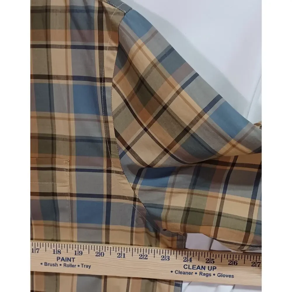 Banana Republic Untucked Fit Men's sz L Long Sleeve Shirt Brown Blue Black Plaid
